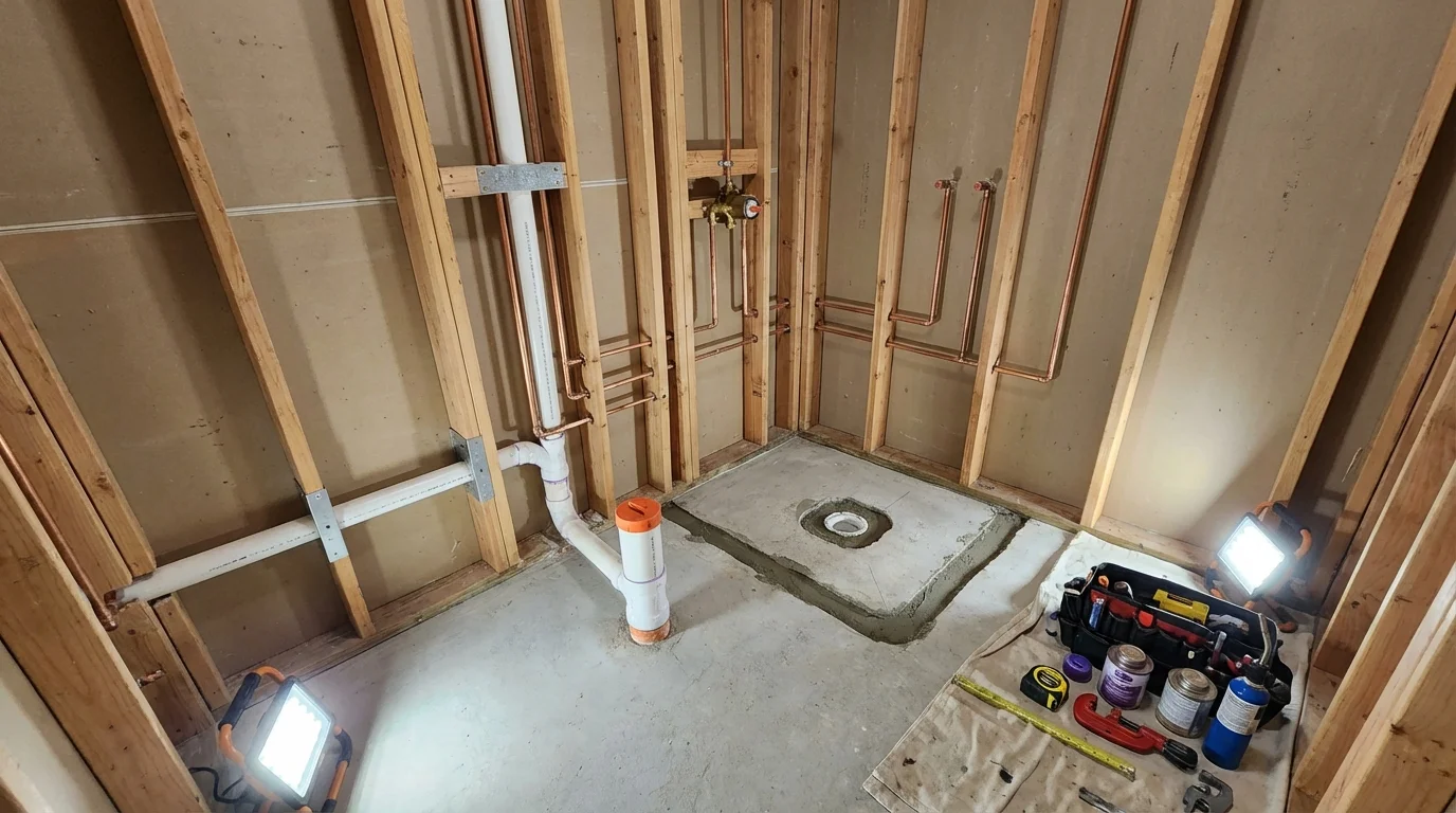 Bathroom rough-in plumbing during remodel by Johns Plumbing LLC in Boone