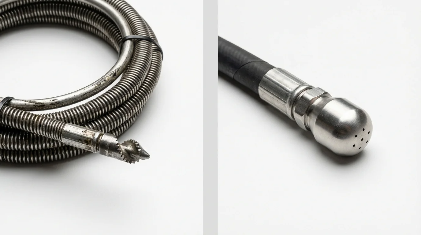 Drain snake cable and hydro jetting nozzle used for drain cleaning in Boone, IA