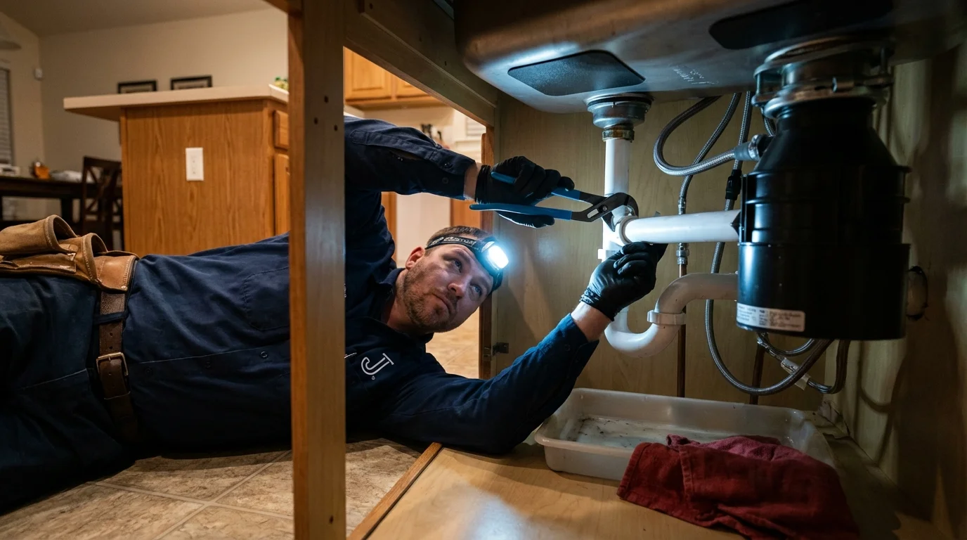 P-trap and supply line connections under a kitchen sink showing a common leak point in Boone, IA